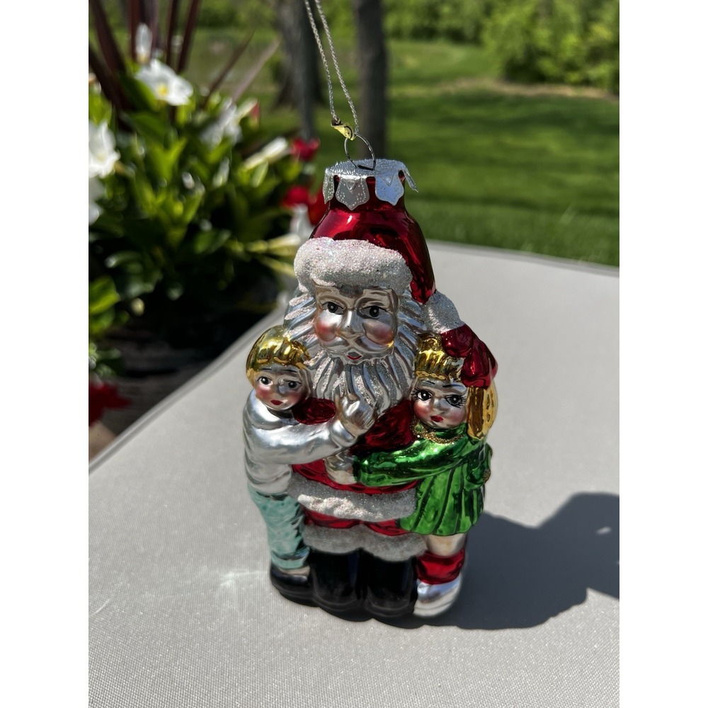 Vintage Christmas Ornament European Style Hand Crafted Glass Santa Hugging‎ Kids